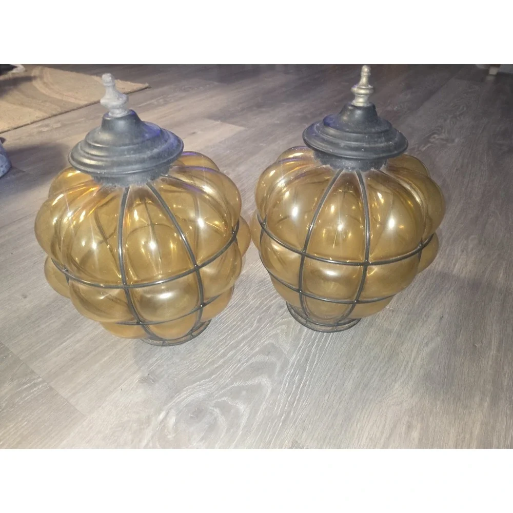 Set Of 2 Vintage Caged Glass Amber Blown Lamp Globe Shade Estate Find